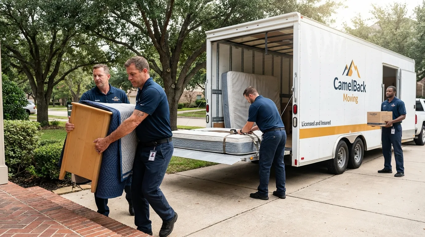Crew loading residential truck for cross-state move from Hancock, MI