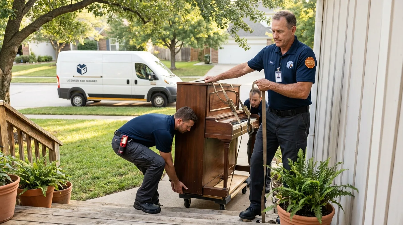 Licensed piano movers securing grand piano in Hancock, MI
