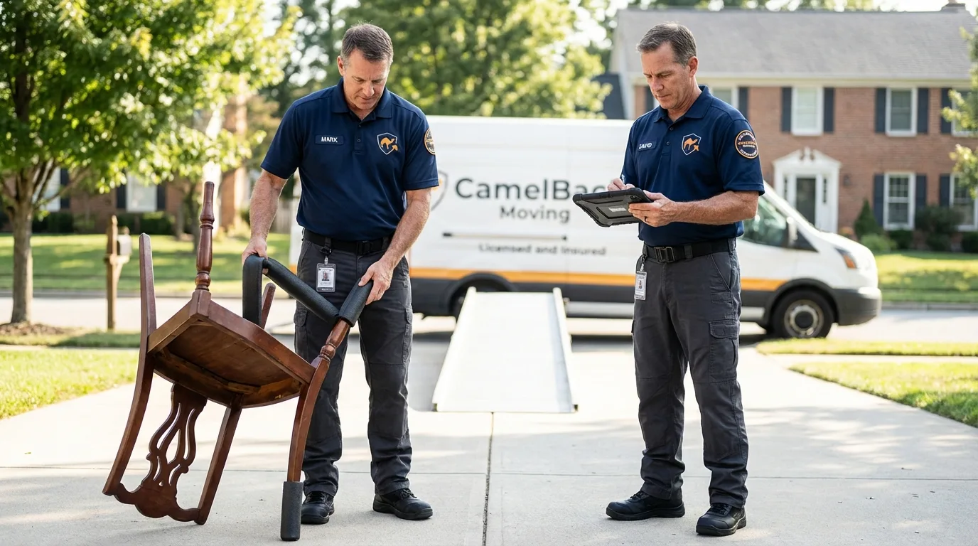 Movers inspecting furniture for damage prevention before loading in Hancock, MI