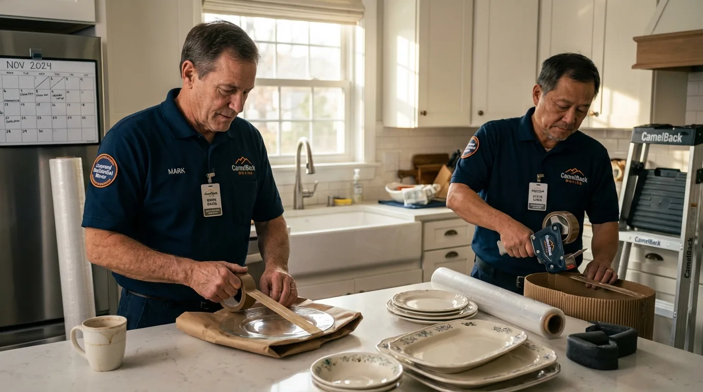 Professional crew packing kitchen dishware in Hancock, MI